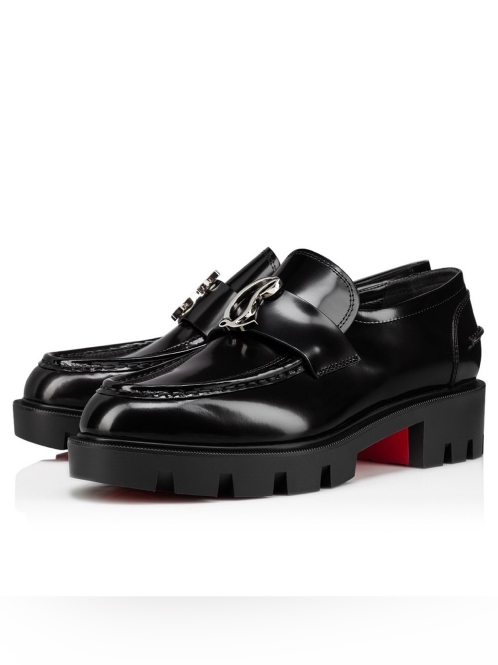 Christian Louboutin Black Patent Leather Lug-Soled Bit Loafers